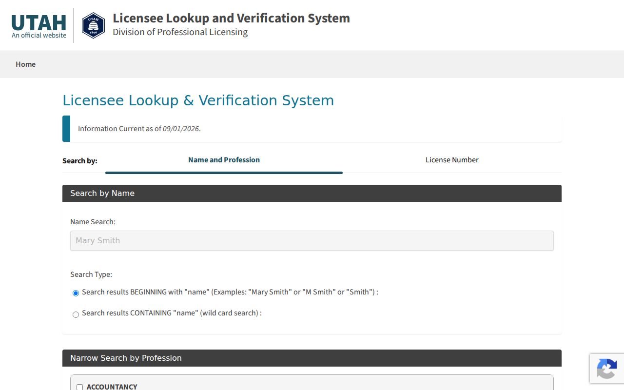 Sandy resident lookup Utah DOPL license search